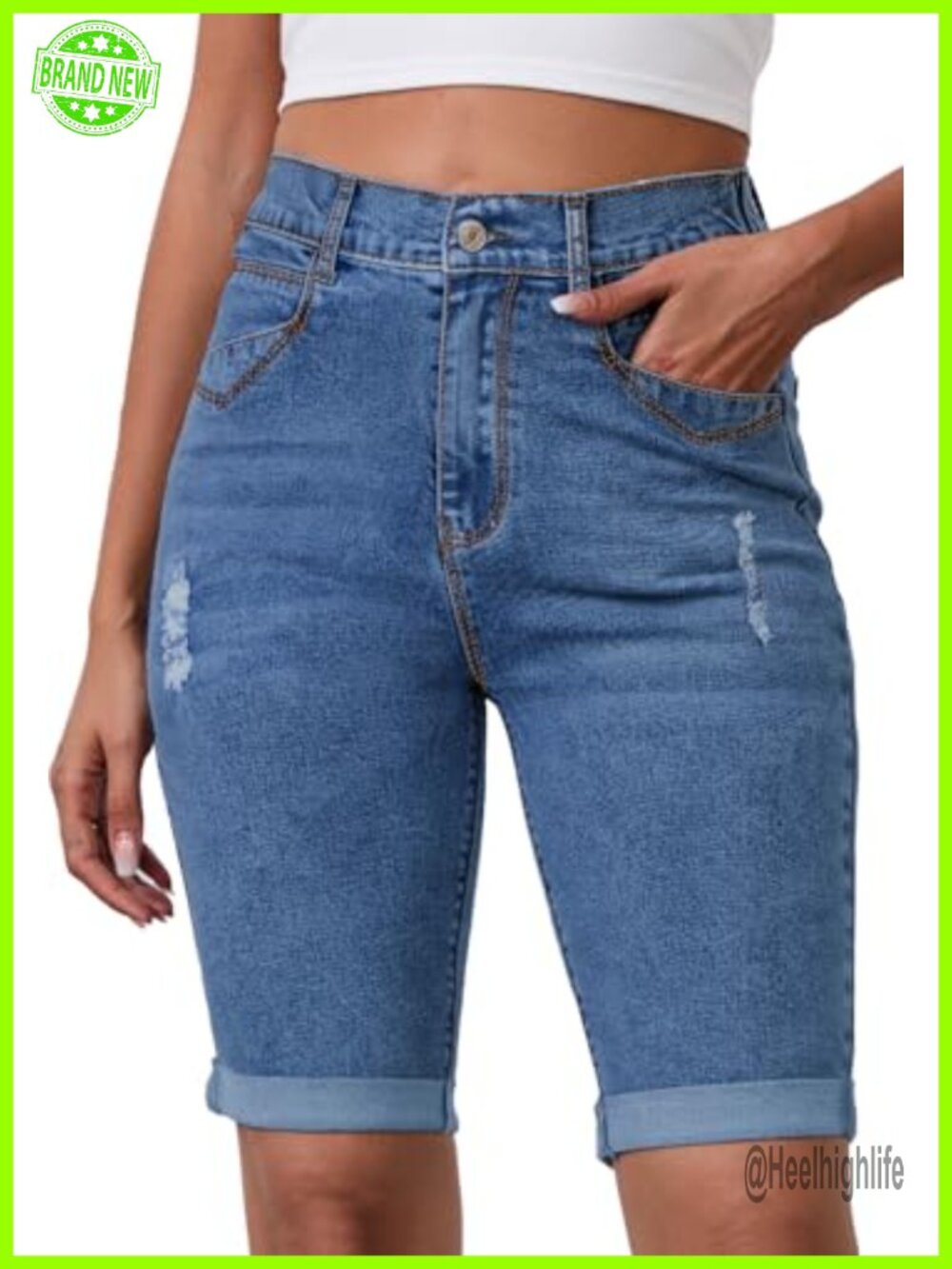 High Waisted Stretchy Denim Bermuda Shorts 10" Inseam Jorts